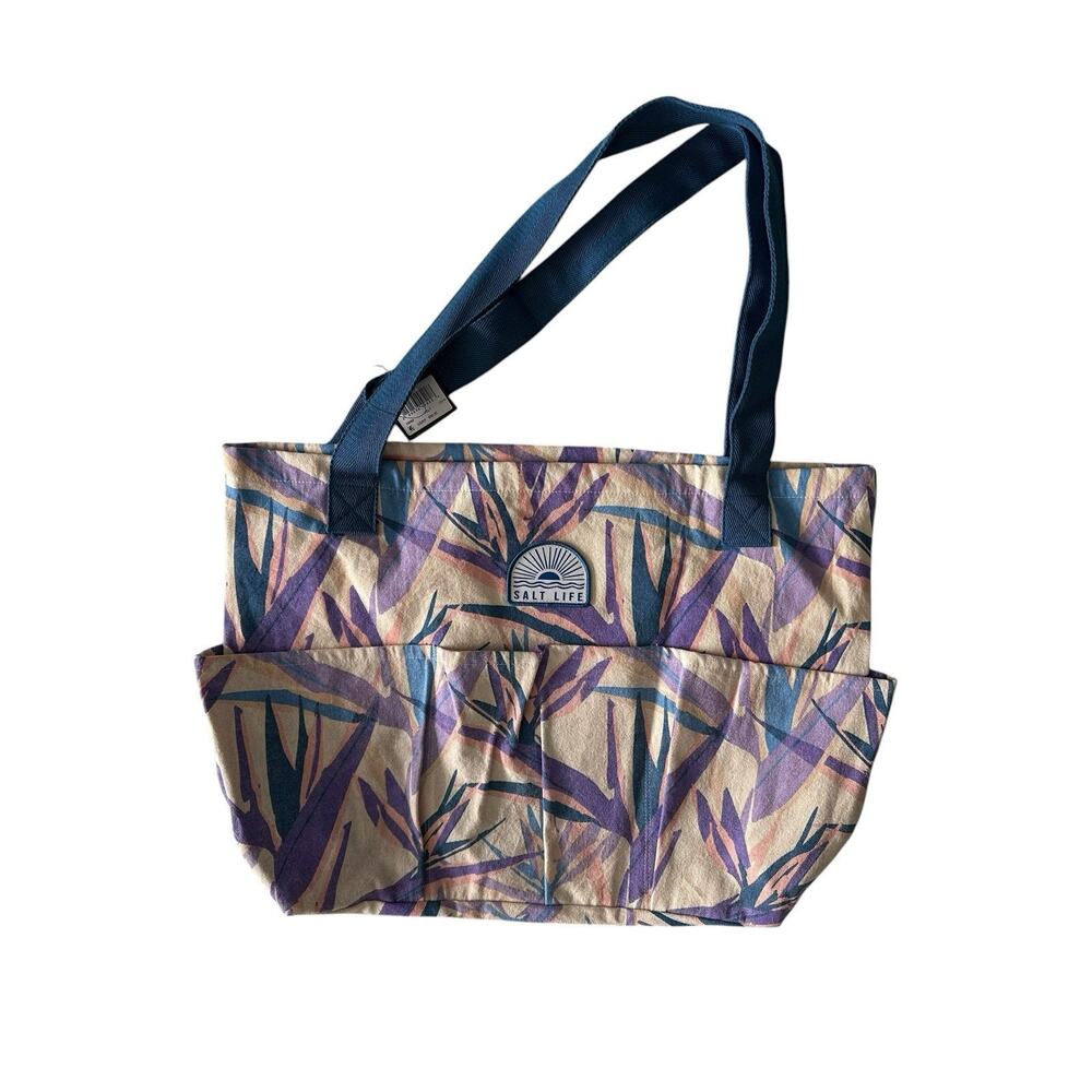 New Salt Life Utopia Beach Tote Purple Blue Cream Birds of Paradise Pockets